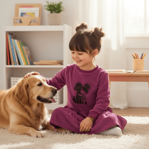 Veliūrinė suknelė mergaitei „Draugystės apkabinimas“ su šuniuku