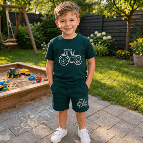 Vaikiškas vasarinis komplektas su traktoriaus dizainu – marškinėliai ir šortai 1