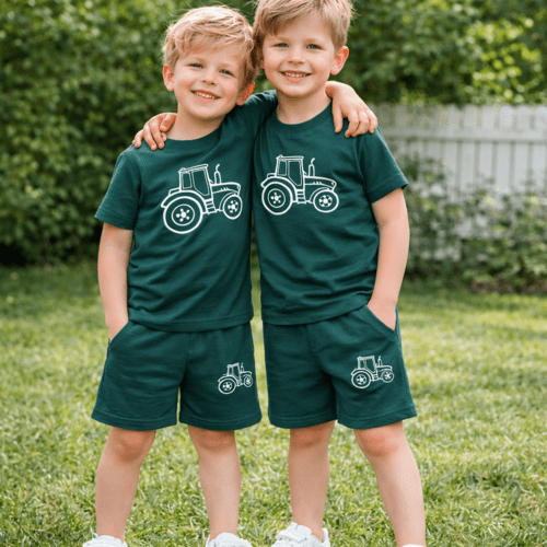 Vaikiškas vasarinis komplektas su traktoriaus dizainu – marškinėliai ir šortai