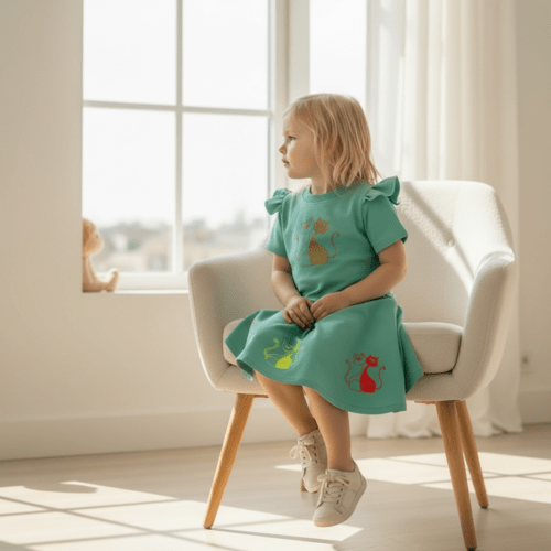 Vasarinė suknelė mergaitei su katinėliais