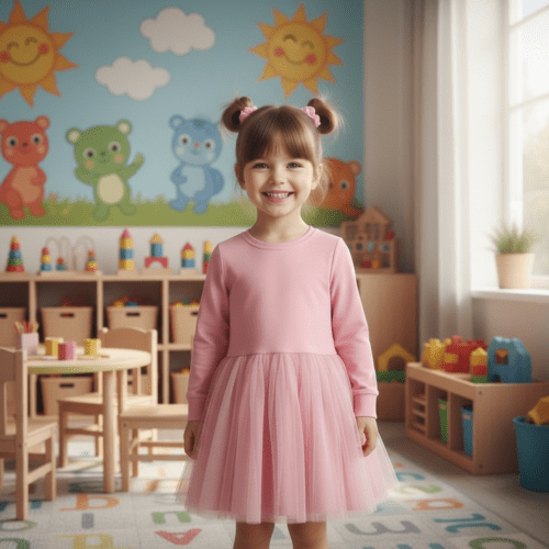 Rožinė suknelė mergaitei su tiuliu – lengva ir puošni kasdienai bei šventėms